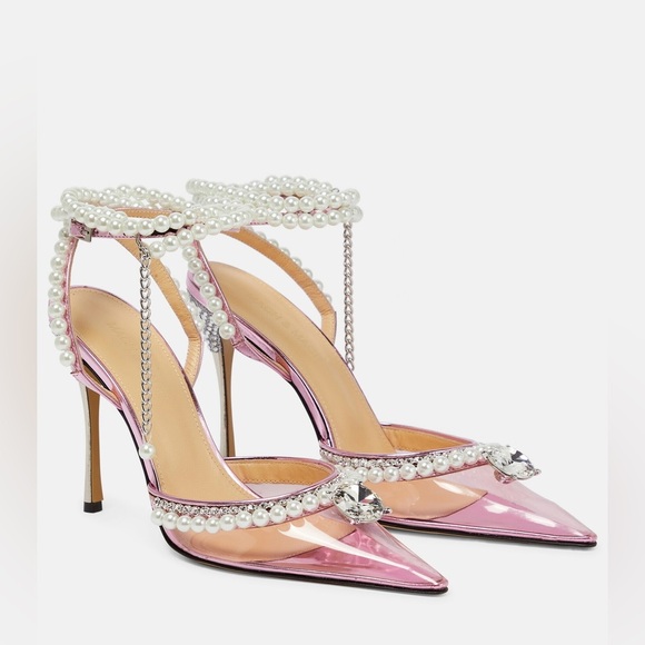 MACH & MACH Shoes - Mach & Mach Pearl Chain PVC Pointed Toe Heels Pink US 9.5
